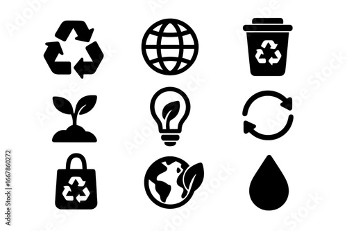 Recycling and sustainability solid icon set with eco-friendly environment symbols, green energy icons, reusable waste management, and nature conservation vector collection