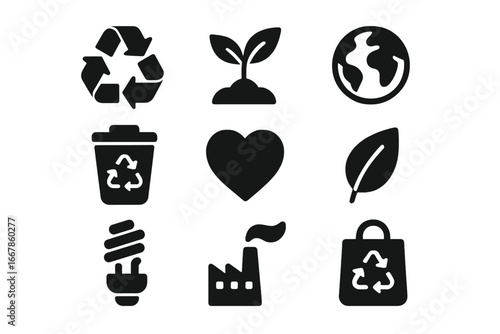 Recycling and Sustainability Solid Icon Set, Eco-Friendly Environment and Green Energy Symbols, Organic Nature Leaf, Earth Globe, Renewable Resources, Clean Industry, Vector Cartoon Illustration