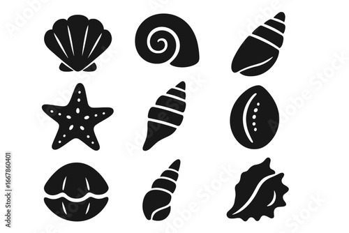 Sea shell and marine silhouette icon set – aquatic ocean and beach symbols collection, vector cartoon illustration with transparent background, ordered set 3 for design projects