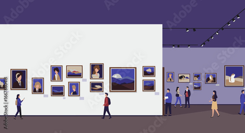 Modern art exhibition with visitors exploring paintings in a gallery