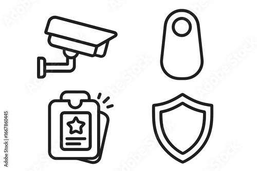 Security Icon Set Outline - Surveillance Camera, Security Tag Remover, Badge Scanner, and Shield Protection Vector Cartoon Illustration for Loss Prevention and Safety