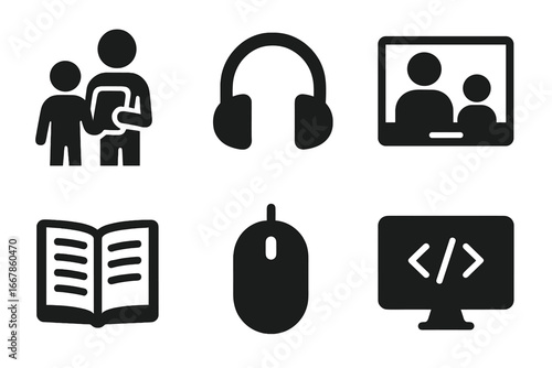 Technology and education solid icon set. E-learning, remote work, family tech time concepts. Parent child with tablet, video call, headphones, e-book, coding, programming vector.