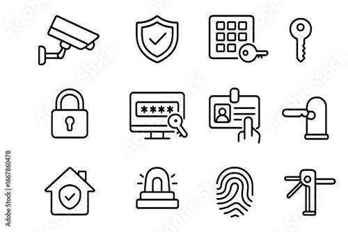 Security and access control line icon set, monitoring protection symbols in outline style, vector cartoon illustration with transparent background, ordered set of security icons