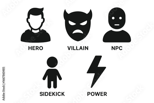 Video game character archetypes icon set. Solid glyph collection of hero, villain, NPC, and sidekick. Gaming power-up symbol. Vector pictograms for RPG, UI, UX design.