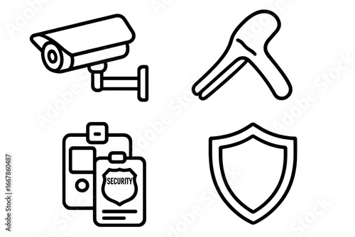 Security Icon Set, Outline Vector Icons for Surveillance Camera, Security Tag Remover, Badge Scanner, Loss Prevention Tools, Protection Symbols, Cartoon Illustration