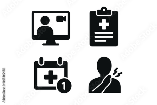 Telehealth services solid glyph icon set. Telemedicine vector icons. Online doctor video call consultation, medical report, appointment calendar, patient symptom check icons.