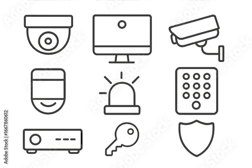 Security and Surveillance Line Icon Set with Cameras, Monitors, Alarm, Keypad, and Shield Symbols, Vector Cartoon Illustration Transparent Background, Technology Equipment Collection
