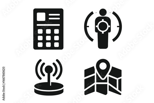 Remote control and navigation icon set. Person tracking and target lock symbol. GPS map location and signal wave icon. Technology control panel for surveillance or games vector.