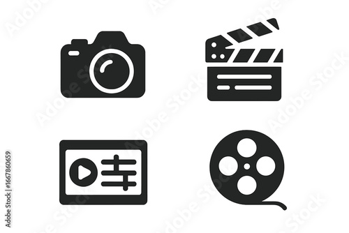 Video production solid glyph icon set. Filmmaking and movie making symbols. Cinematography equipment. DSLR camera, clapperboard, film reel, and video editor signs.