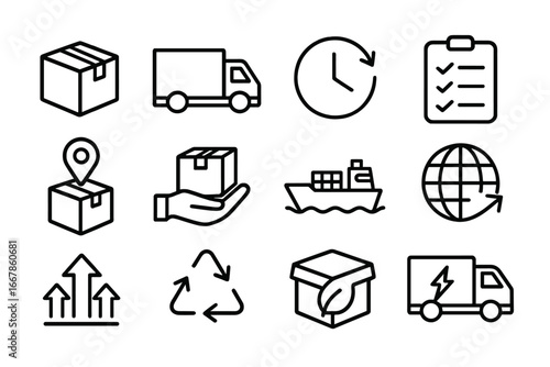 Shipping and delivery outline icon set with logistics, supply chain, eco-friendly shipping, transport, package handling, global cargo, and tracking vector illustration