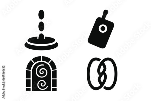Teleportation device solid glyph icon set. Sci-fi technology for futuristic transport and travel. Includes teleport pad, handheld teleporter, wormhole gate, and portal symbol.