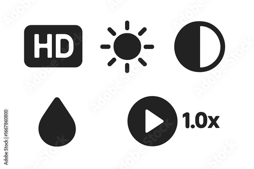 Video settings solid glyph icon set. UI elements for player interface design. Includes HD resolution, brightness, contrast, saturation, and playback speed control symbols.