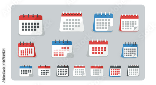Flat style calendar icons set with spiral bindings in red and blue variants