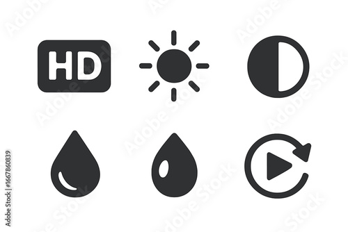 Video player settings icon set. Solid glyph icons for user interface design. HD resolution, brightness, contrast, saturation, color correction, replay, playback speed control.