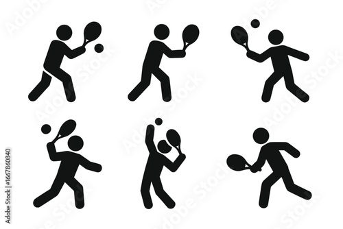 Tennis player action poses icon set. Vector glyph pictogram of sportsman playing tennis. Forehand, backhand, serve, smash, volley. Sport silhouette symbol collection.