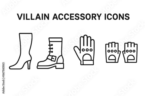 Villain accessory linear icon set. Vector outline graphics for superhero, antihero, cosplay costume. High-heeled boot, combat footwear, biker & fingerless gloves. Isolated.