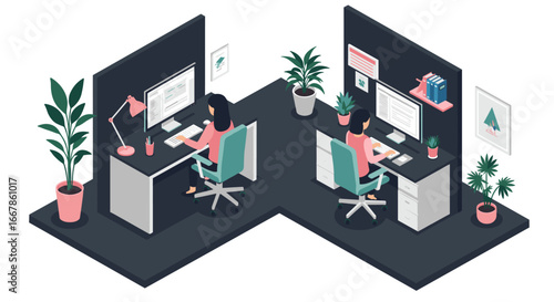 Modern isometric office design featuring women working at desks with technology and plants
