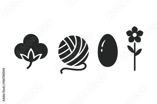Textile raw materials icon set. Solid vector glyphs of natural fibers. Cotton boll, wool yarn ball, silk cocoon, and flax plant. Organic fabric and clothing industry symbols.