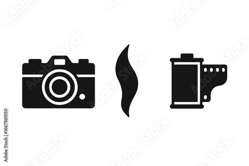 Vintage photography icon set. Solid glyph icons of analog film camera, 35mm film roll and light leak pictogram. Retro photo equipment concept. Vector design element.
