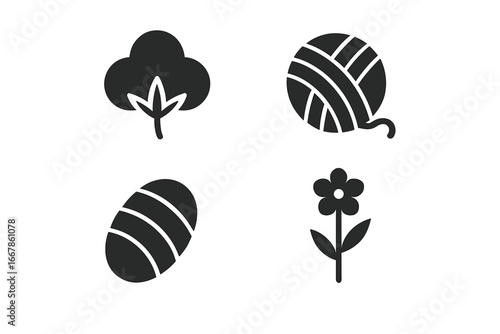 Textile raw materials solid glyph icons set. Natural fiber sources for fabric and clothing industry. Cotton boll, wool yarn ball, silk cocoon, and flax plant vector symbols.