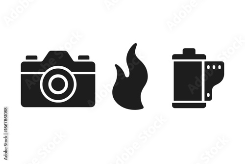 Vintage photography icon set. Solid glyphs of analog film camera, light leak or fire symbol, and 35mm film roll. Retro photographer gear vector illustration elements.