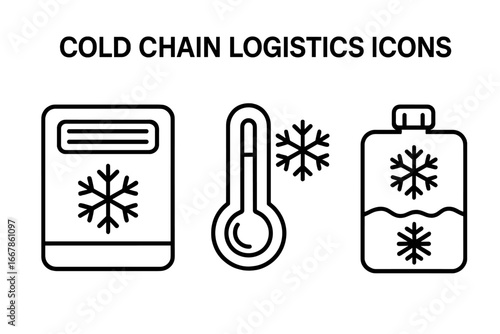 Cold chain logistics icons. Outline vector icon set. Temperature sensitive shipping. Supply chain management. Refrigeration transport. Perishable food medicine delivery concept.