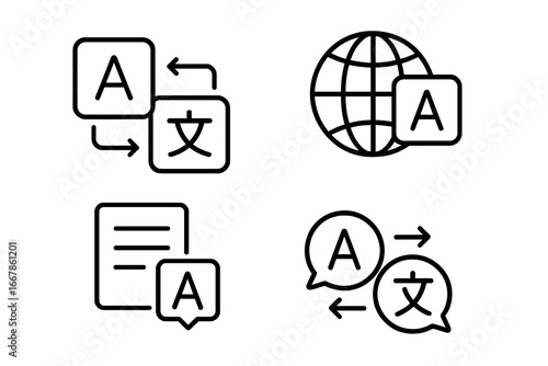 Translation and Language Icon Set, Multilingual Communication, Global Language Exchange, Translation Symbols, Language Interpretation, Vector Outline Collection with Transparent Background