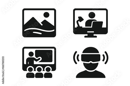 Virtual reality solid icon set. Metaverse, digital landscape, virtual office, online classroom glyphs. E-learning, webinar, remote work & VR headset vector pictogram collection.
