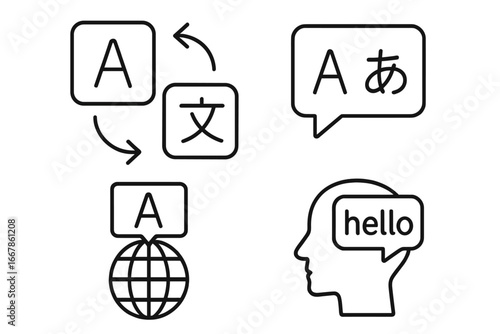 Translation and Language Line Icon Set, Multilingual Communication Symbols, Global Language Exchange, Vector Outline Collection, International Translation Concepts, Transparent Background
