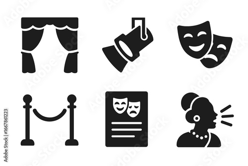 Theater and opera solid glyph icon set. Includes stage curtain, spotlight, comedy and tragedy masks, velvet rope barrier, playbill, and singer. Entertainment and arts vector.