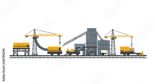 Industrial construction site with cranes and machinery in flat style