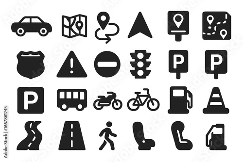 Transportation and Road Safety Solid Icon Set, Traffic Navigation and Parking Symbols Collection, Vector Cartoon Illustration with Transparent Background, Ordered Set 1