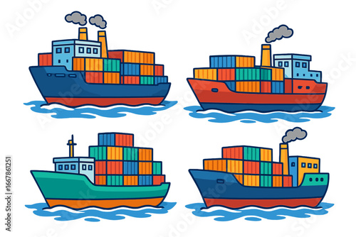 Set of colorful cargo ships with containers. Vector cartoon illustration for maritime transport, logistics, and global trade. Freight vessel collection for import and export.