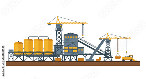 Industrial construction scene with cranes and equipment in flat design