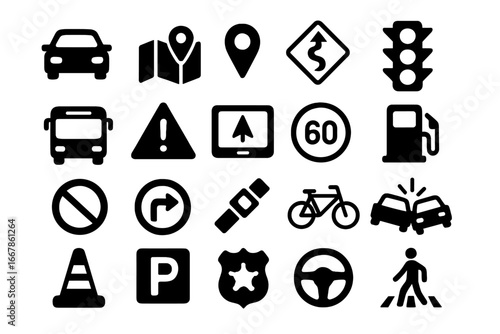 Transportation and Road Safety Solid Icon Set with Traffic, Navigation, Parking, and Safety Symbols Vector Cartoon Illustration Transparent Background Ordered Collection