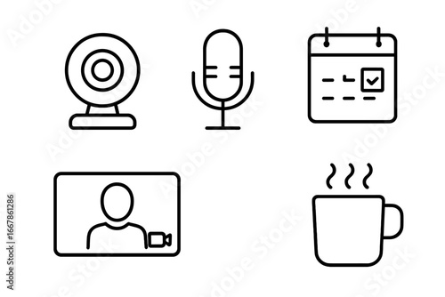 Virtual meeting and online communication outline icon set. Line art vector icons for remote work, webinar, conference. Includes webcam, microphone, calendar, and video call.