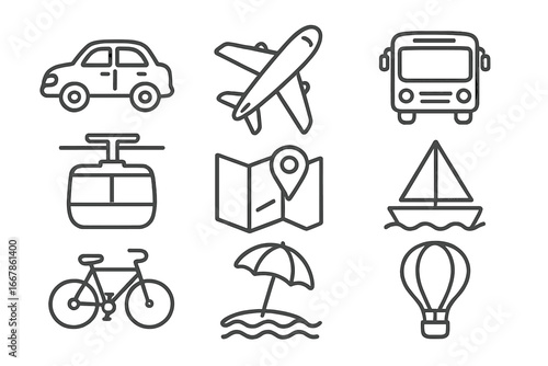 Transportation and adventure icon set, travel and recreation outline style vector cartoon illustration with transparent background, diverse transport modes and travel symbols collection