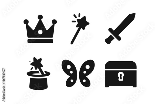 Theatrical props solid icon set. Kids fantasy & magic symbols. Crown, wand, sword, magician hat, fairy wings, treasure chest. Vector glyphs for costume party performance.