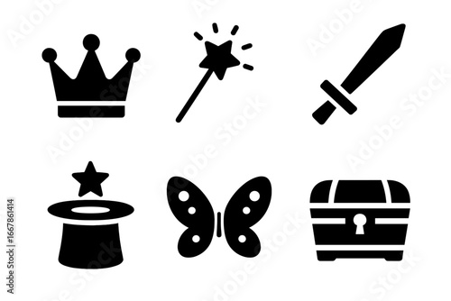 Fantasy fairytale theatrical props icon set. Solid vector glyphs of crown, magic wand, sword, magician hat, fairy wings, and treasure chest. Kids costume party elements.