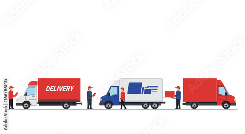 Flat design parcel delivery service with trucks and couriers