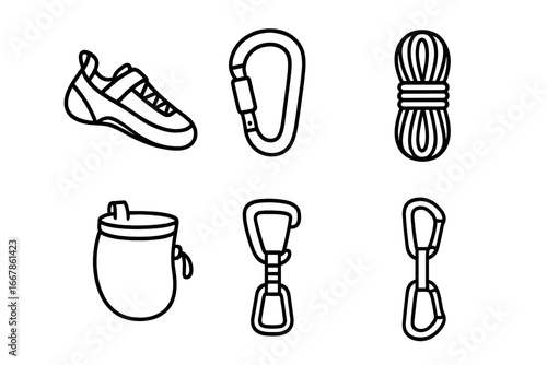 Rock climbing gear outline icons set including climbing shoe, carabiner, rope coil, chalk bag, quickdraw, and harness vector cartoon illustration for outdoor sports