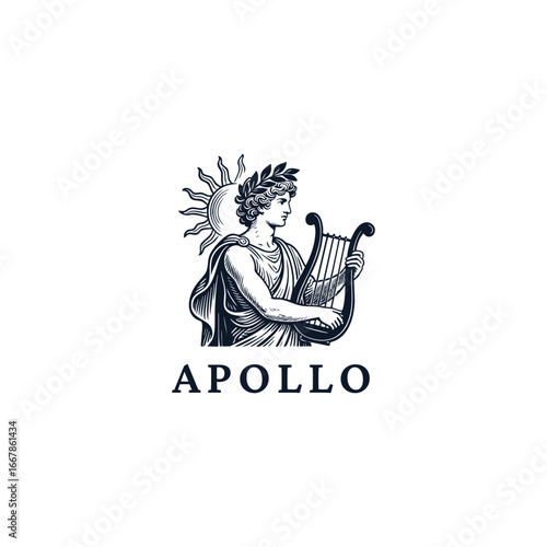 Flat vector engraving logo illustration of Apollo, the Greek god of music, art, and light, holding a harp