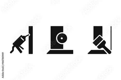 Room finishing icons solid filled set of tools including caulking line application, nail hole filling, and paint edge trimming vector cartoon illustration