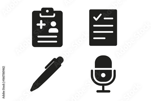 Medical records and communication solid glyph icon set. Patient chart, health history, consent form, agreement, signature, and voice recorder vector symbols collection.