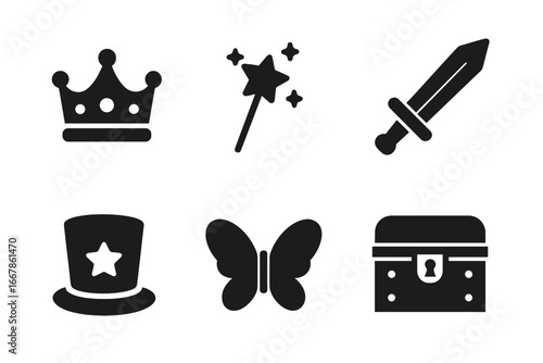 Magic and fairy tale icon set. Solid glyph vector collection of theatrical props. Crown, wand, sword, top hat, fairy wings, and treasure chest for fantasy concepts.