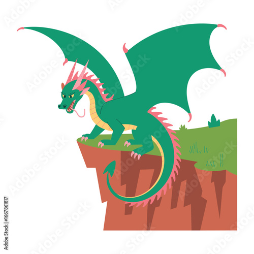 Majestic green dragon perched on a rocky cliff overlooking a lush landscape