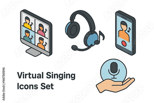 Virtual singing isometric icons. Online choir, music lesson, or karaoke concept. Video call on computer monitor & phone. Headset, microphone for audio recording & support group.