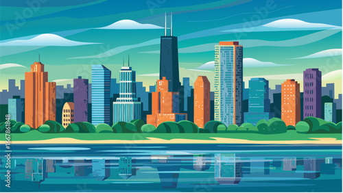 Illustration of a cityscape with various tall buildings reflected in the water under a cloudy sky view silhouette