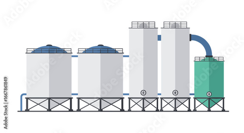 Industrial storage tanks in flat design with pipes and cylindrical structures on white background