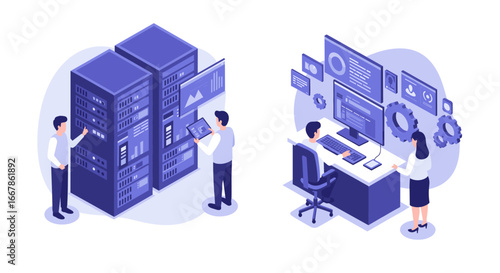 Isometric data center and it management concept with professionals and technology